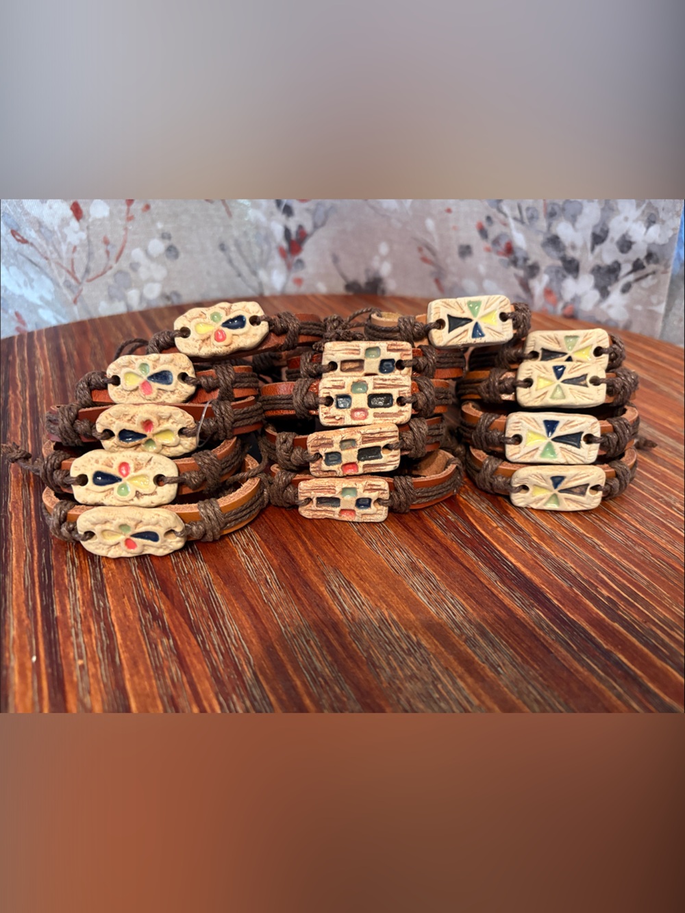Lot of 14 -Handcrafted Ceramic Tile Brown Leather bracelets - brand new